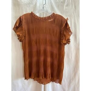 Rust Pleated Sheer Blouse – Size L | Stretchy Ruffle Sleeve Top